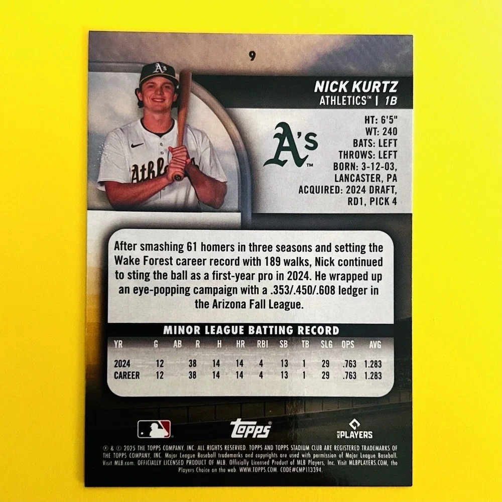 2025 Topps Stadium Club Nick Kurtz Base Rookie Card #9 RC‎ Athletics